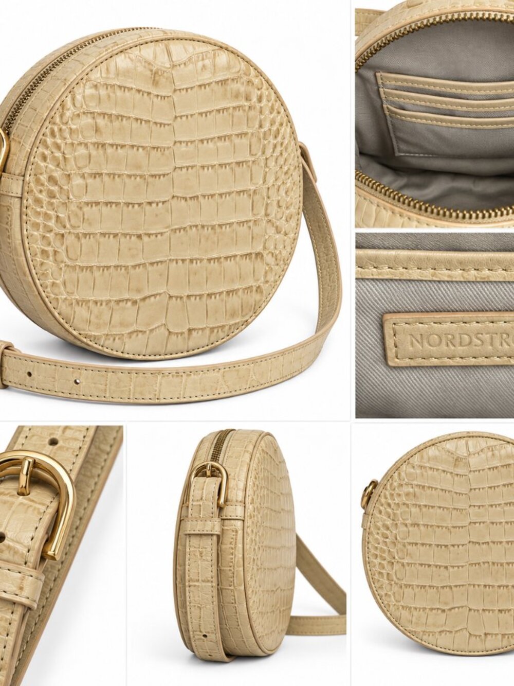 Nordstrom Beige Croc Embossed Round Crossbody Bag Gold Hardware Adjustable Strap